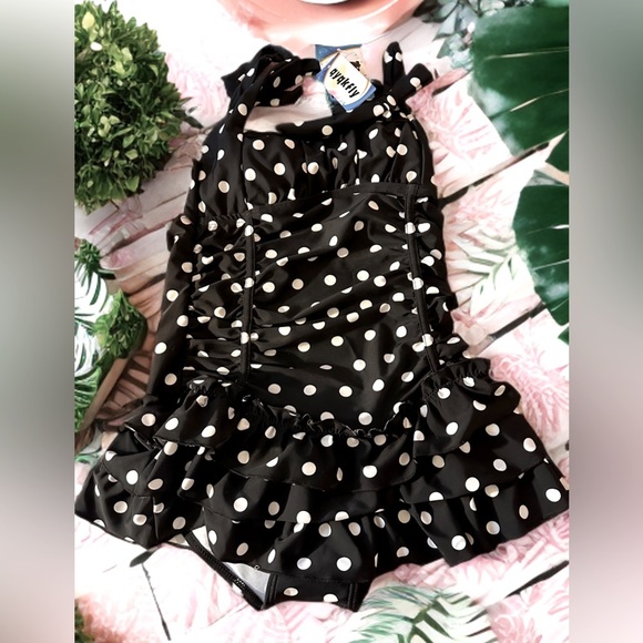 NWT Girls Kids Adjustable Swimsuits Black White Polka Dot Size 10 - Picture 1 of 12